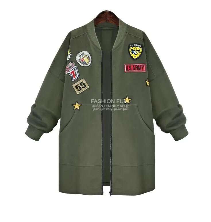 Женская хлопковая куртка бомбер в стиле милитари длинная приталенная армейского