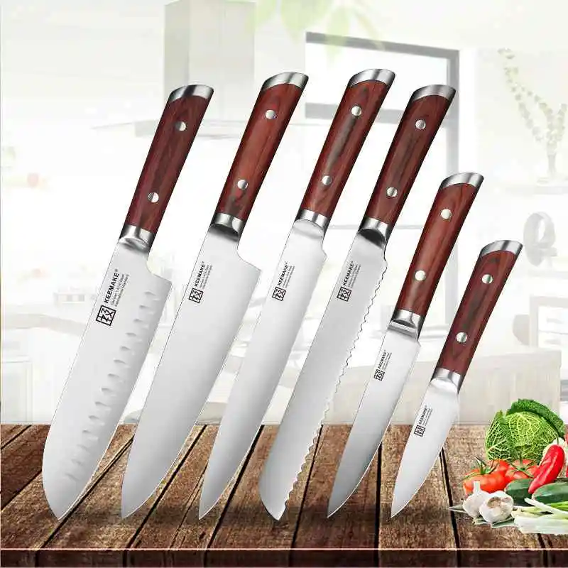 SUNNECKO Профессиональный Santoku универсальный нож для очистки овощей шеф-повара немецкий 1,4116 стальной нож с лезвием цветной деревянной ручкой набор кухонных ножей - Цвет: 6pcs Set A