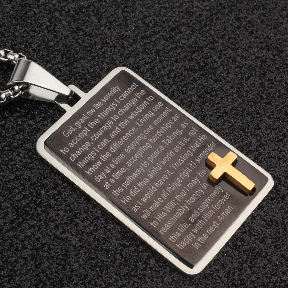 FINE4U N229 Stainless Steel Carving Dog Tag Pendant Necklace Men Box Chains Bible Cross Prayer For Christian Jewelry | Украшения и