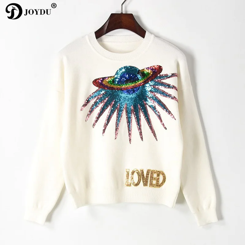 JOYDU Designer Sweater Women 2018 Winter Pullover Sequins Embroidery High Street Knit Jumper jersey mujer invierno pull femme | Женская