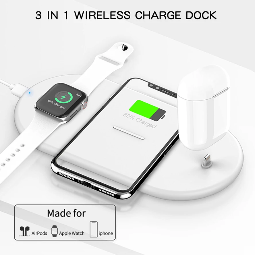 3 в 1 быстрая Беспроводная зарядная панель QI для Apple Watch 5 3 4 2 1 AirPods 2 Беспроводная зарядка для iPhone 8 8Plus X XR XS 11 Pro Max