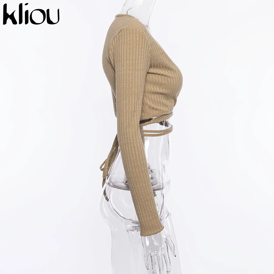 Weirdgirl New Knitted Full Sleeve Sexy Deep V-Neck T-Shirt Three Solid Colors Bandage Design Women Sexy Casual Short Crop Tops