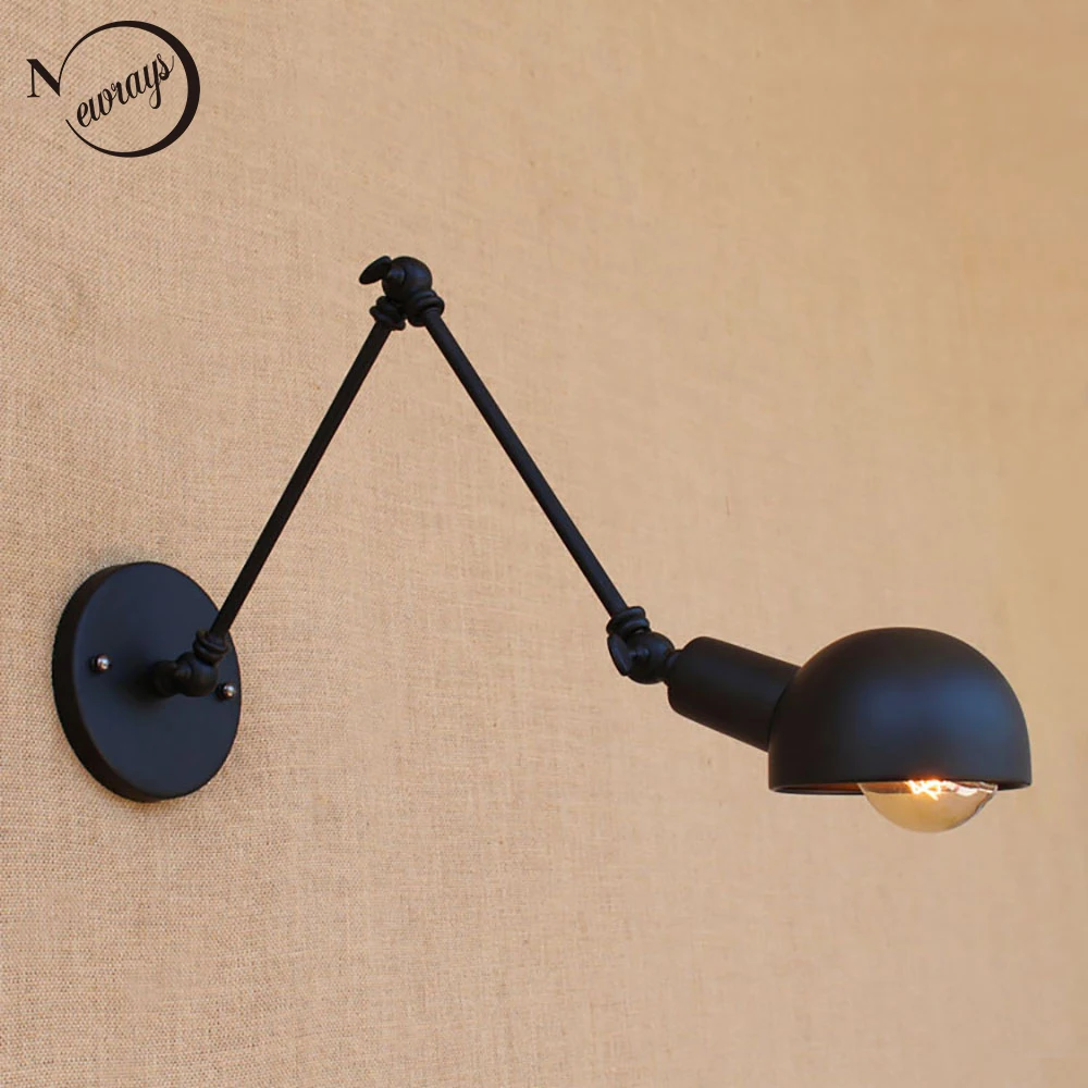 Настенная лампа с длинным кронштейном черная винтажная регулируемая для ванной