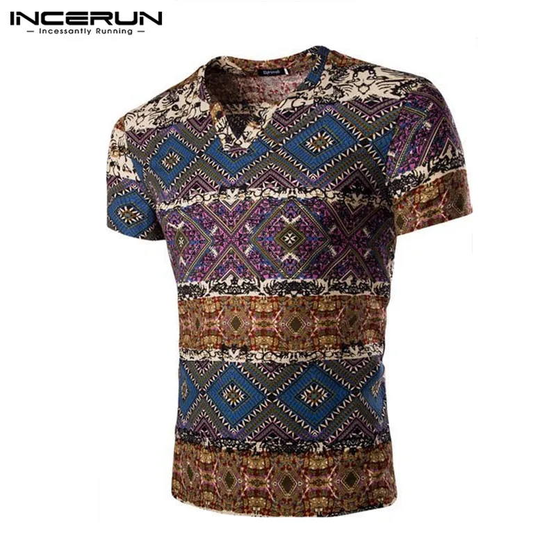 Blue T Shirt Мужская футболка с принтом в этническом стиле, v-образный вырез, короткий рукав, хлопок, брендовая футболка с короткими рукавами, повседневные мужские Гавайские футболки INCERUN - Цвет: Blue T Shirt