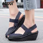 Сандалии женские ручной работы, плетеные удобные босоножки на платформе 6 см, туфли с открытым носком, на плоской подошве, большие размеры 35-41, летняя обувь