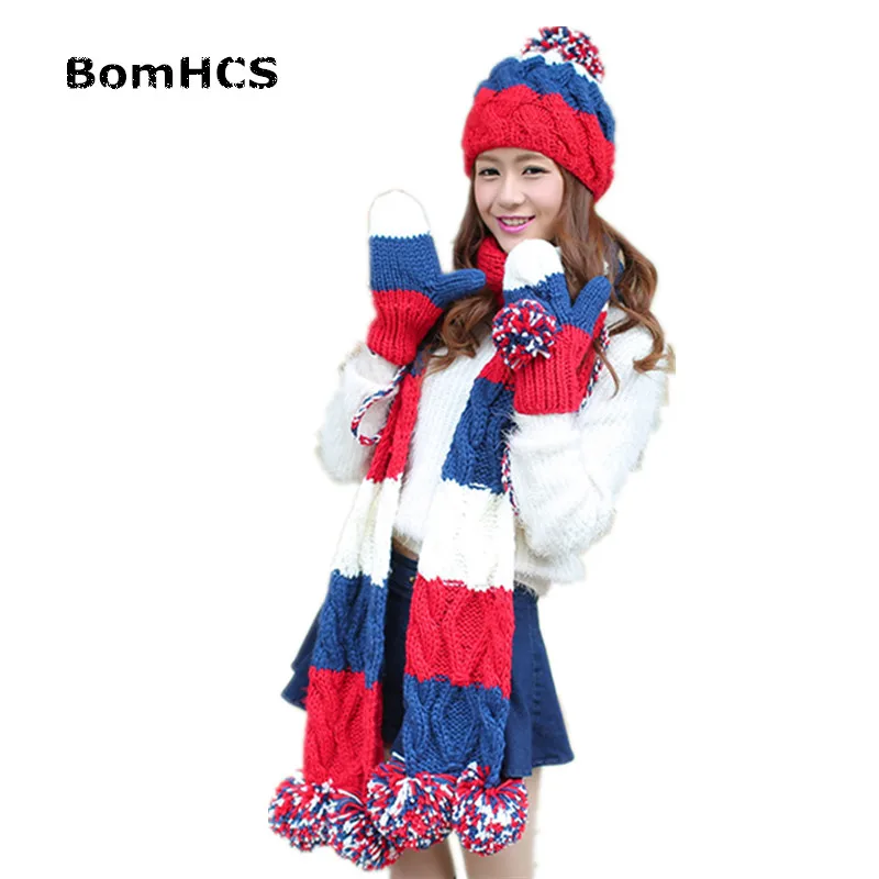 BomHCS/костюм из 3 предметов (шапка + перчатки шарф) 100% ручная работа вязаная женская