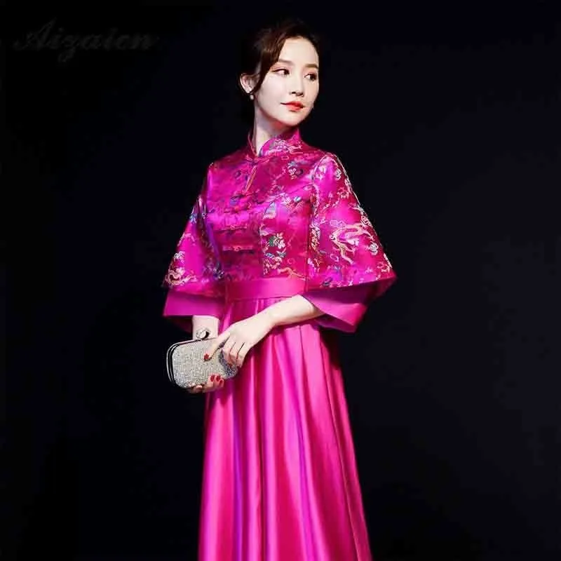 Женское традиционное китайское свадебное платье Qipao Длинное Красное Атласное