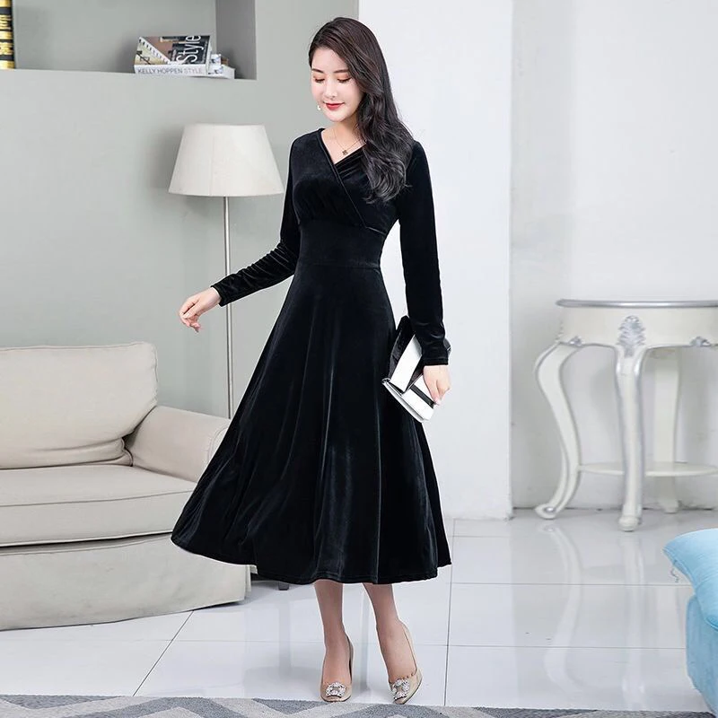 Fashion Women V-Neck Long Sleeve Velvet Dress Hot Sale Solid Colors Loose Straight Slim Waist Ladies Bodycon | Женская одежда