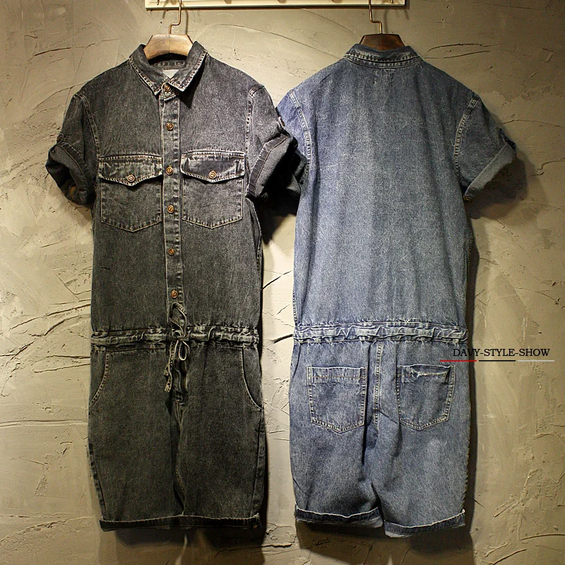 

M-XXL! 2018 Vintage shorts male summer jumpsuit solid color tooling one piece shorts short-sleeve clothes set