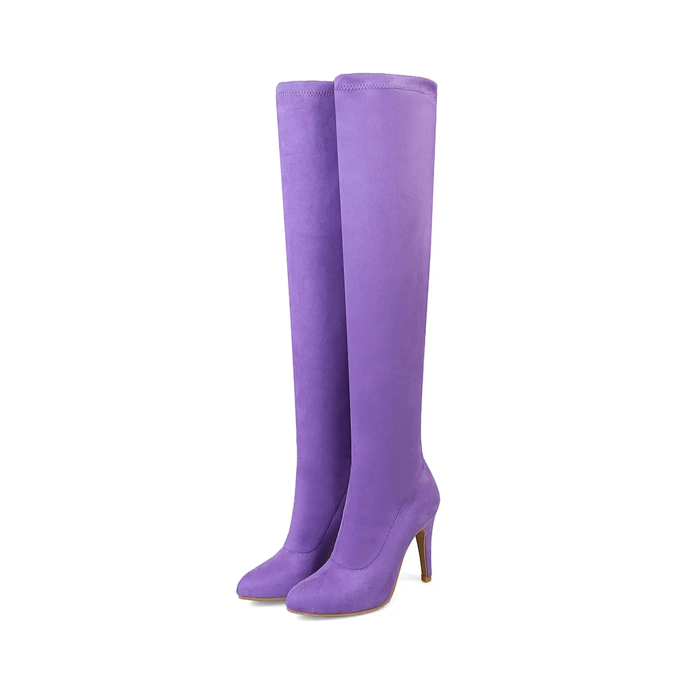 Purple Новые брендовые зимние пикантные женские сапоги до бедра фиолетового, розового цвета женские сапоги выше колена черного, желтого цвета обувь на каблуке, большие размеры 10, 32, 48, EK3 - Цвет: Purple