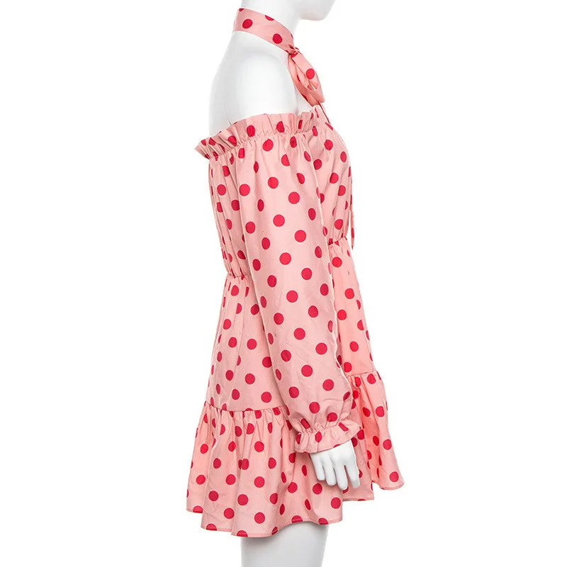 Yuqung женское платье с длинным рукавом мини-платье в горошек открытыми плечами и