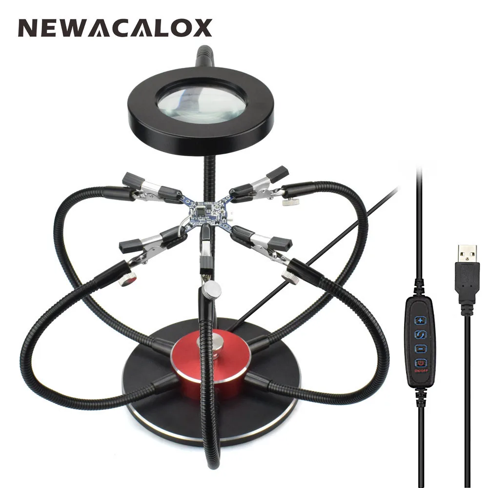 NEWACALOX держатель для паяльника USB СВЕТОДИОДНЫЙ светильник 3X увеличительное стекло 6 шт. гибкие ручки паяльная станция инструмент для сварки третьей стороны