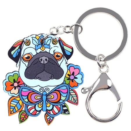 Bonsny акриловые украшения для собак, брелок для ключей с Мопсом, брелок для ключей, подарок с помпоном для женщин, сумка для девушек, брелок, подвеска, ювелирные изделия - Цвет: Blue