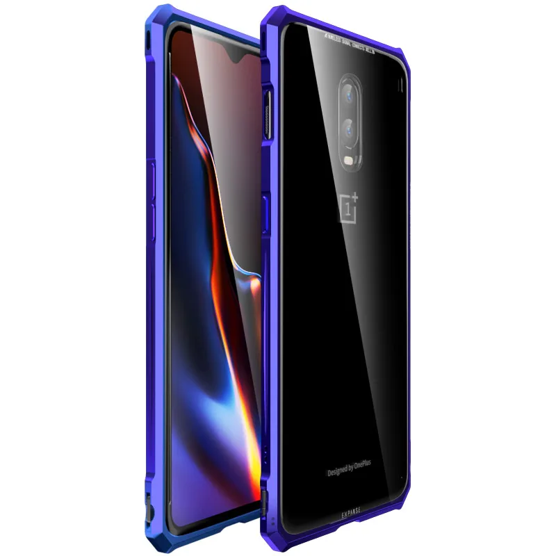 Чехол для OnePlus 6T One Plus 6T премиум-класса, алюминиевый металлический чехол в форме бриллианта для OnePlus 6T 9 H, прозрачная задняя крышка из закаленного стекла - Цвет: Синий