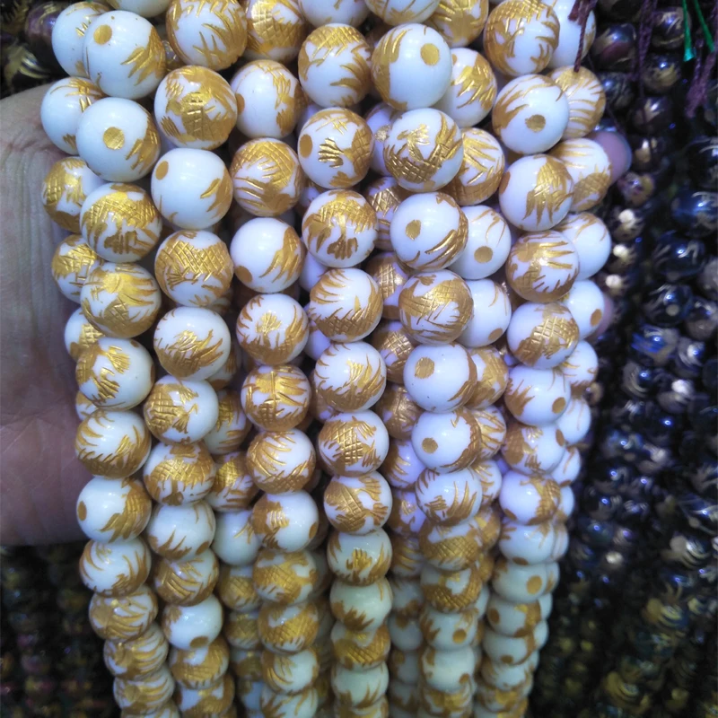 

High Quality 14mm Gold Plating White Agat Stone Beads Handmade Carving Chinese Dragon Loong Loose Beads DIY Jewelry Accessories