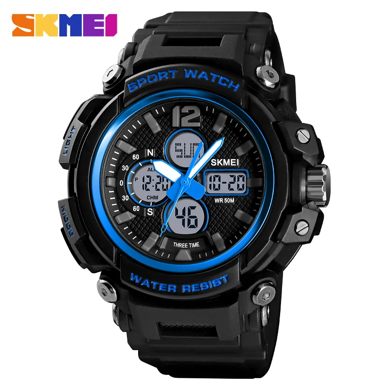 blue SKMEI спортивные мужские часы, двойной дисплей, цифровые часы, светящиеся, 5 бар, водонепроницаемые, 3 времени, многофункциональные часы, montre homme 1498, кварцевые - Цвет: blue