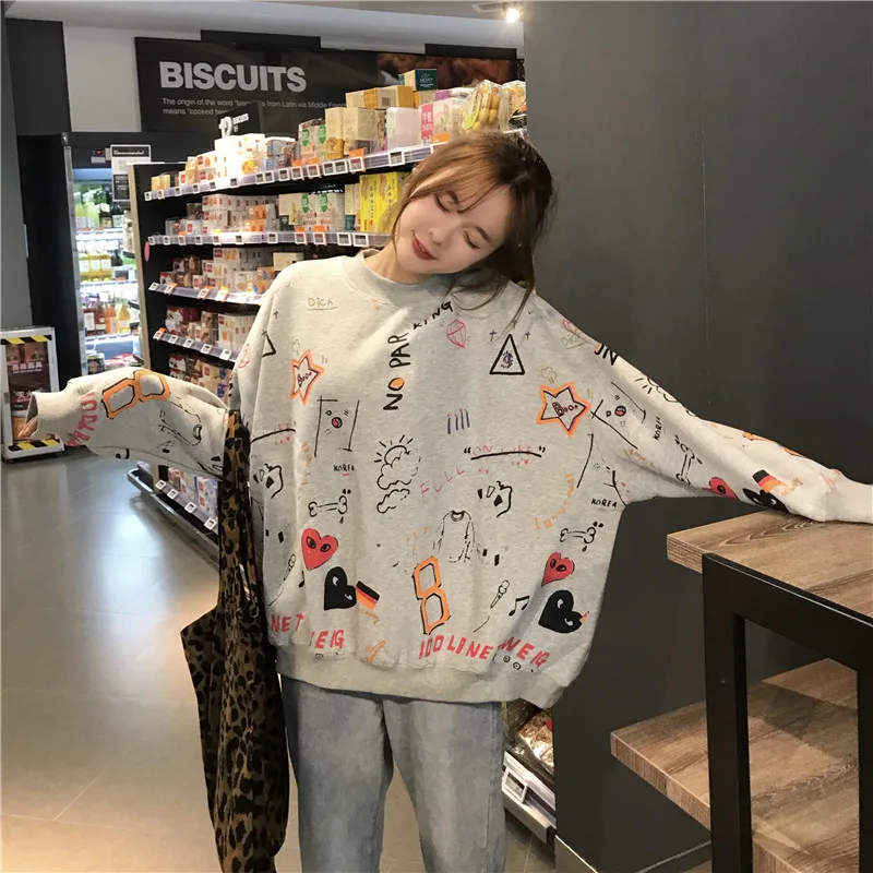 Женские кофты японский Harajuku Ulzzang граффити печатных рукав летучая мышь Толстовка