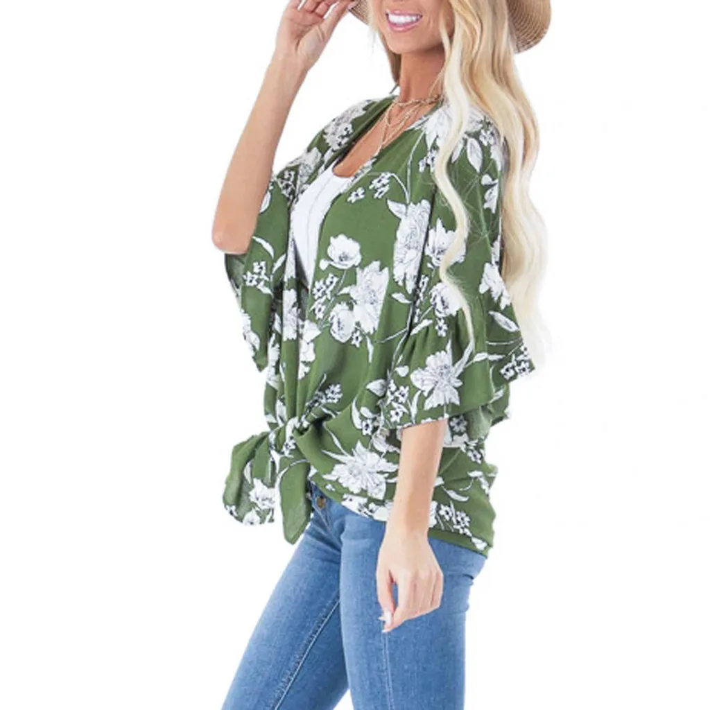 2020 воланом рукава цветочное кимоно блузка женская обувь для отдыха Топ с оборкой