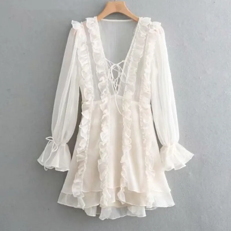 2019 белое мини платье в стиле ретро с деревянными ушками и рюшами на шнуровке v