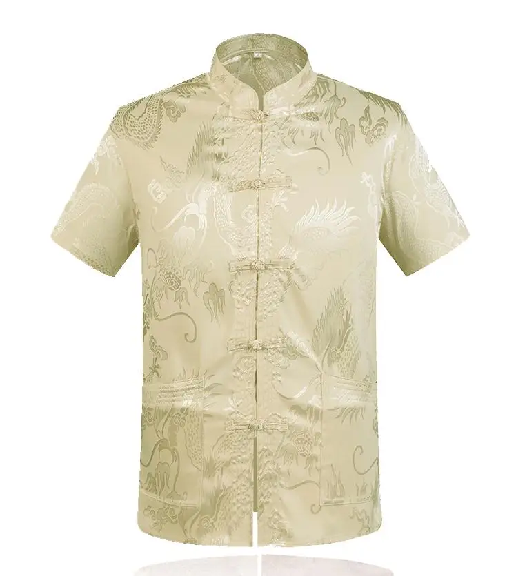 beige dragon Плюс размер 4XL Лето Кунг-фу Рубашка Блузка мужская с коротким рукавом Традиционный китайский костюм Тан Топ Мужской Тай Чи униформа - Цвет: beige dragon