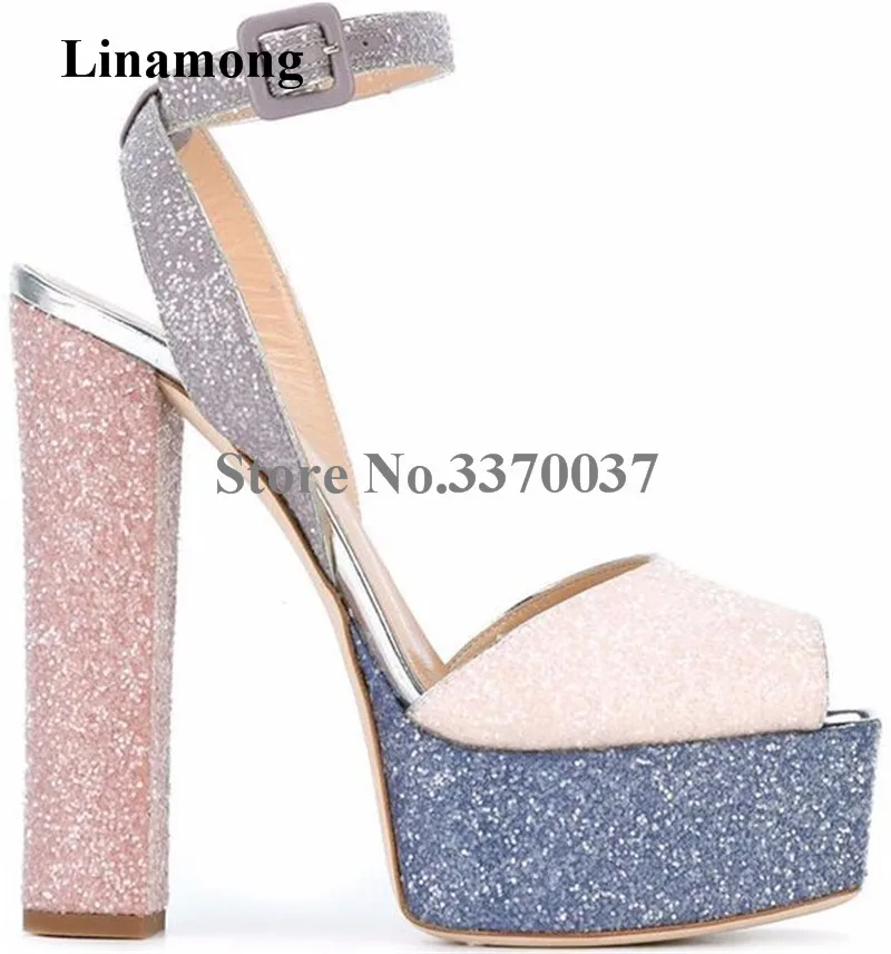 Women Charming Fashion Peep Toe Sequined High Platform Sandals Ankle Strap Super High Heel Sandals Wedding Shoes Club Shoes