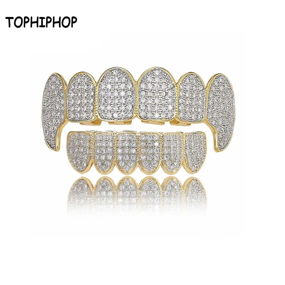 

Hiphop Grill Cubic Zirconia Bling Grills Dog Gold Vampire Teeth Men's Party Cosplay Accessories Ice Out Top Bottom Grillz