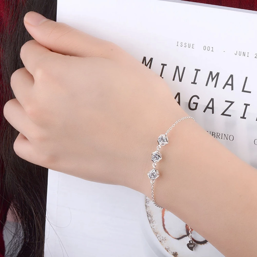 

Solid 925 Sterling Silver Link Chain Bracelets Bangles Special Square Shape Charm Bracelets For Women Classic 925 Silver Jewelry