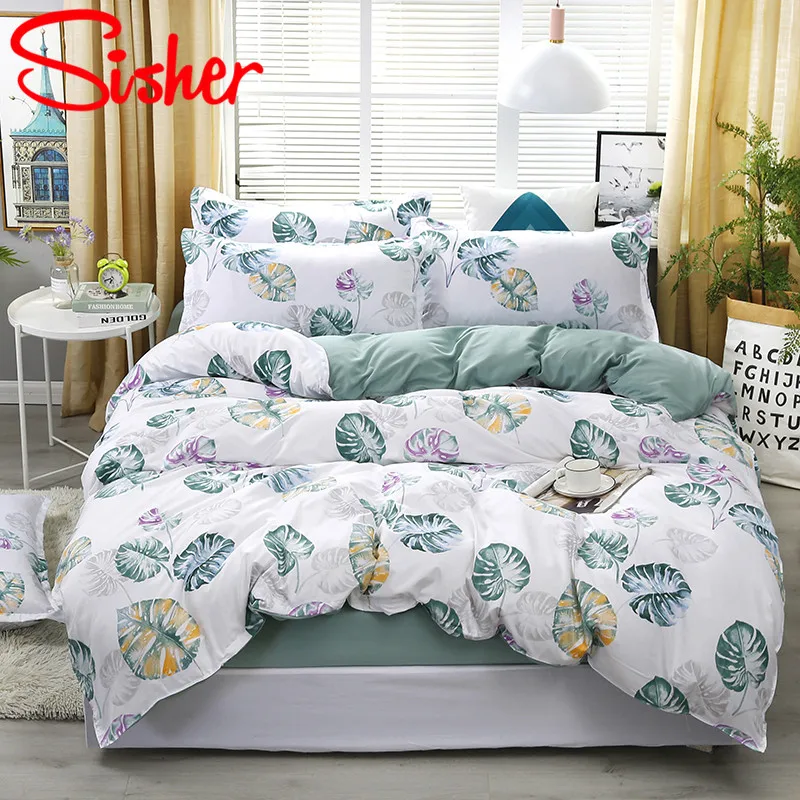 Sisher Simple Bedding Sets floral White Leaf Duvet Cover Set Single Double Queen Size King Bedclothes Quilt Plant No Bed Sheet