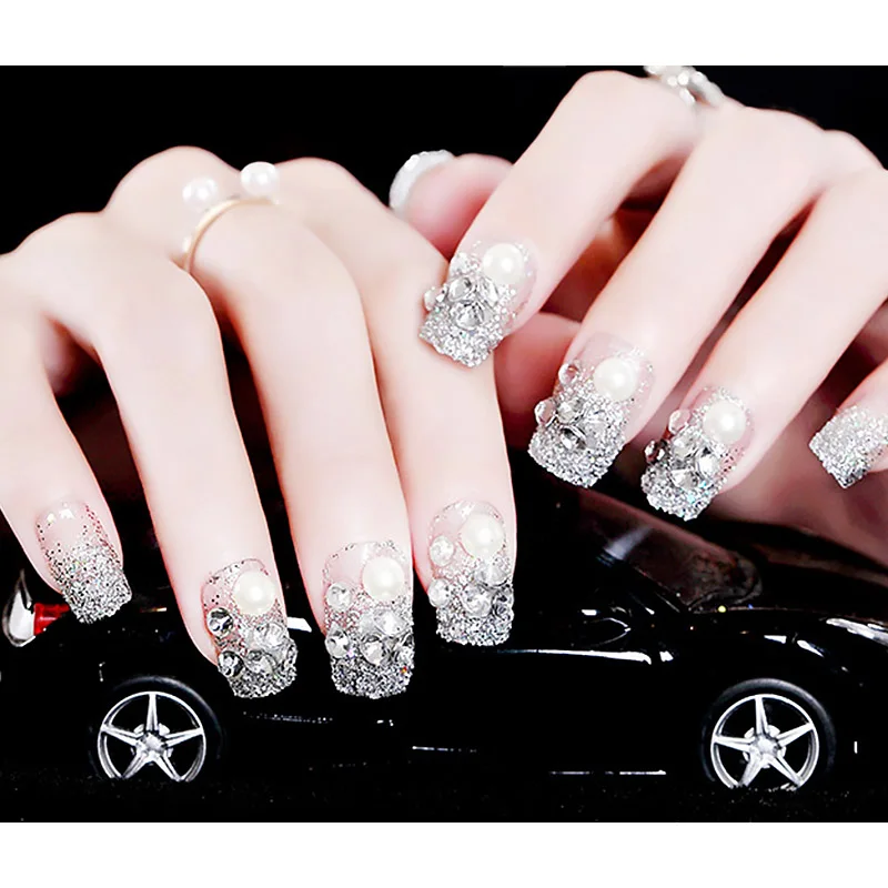 

Женские блестящие стразы, сделай сам, накладные ногти для девочек, имитация жемчуга, серебряные ногти с клеем, Модные накладные ногти с квад...