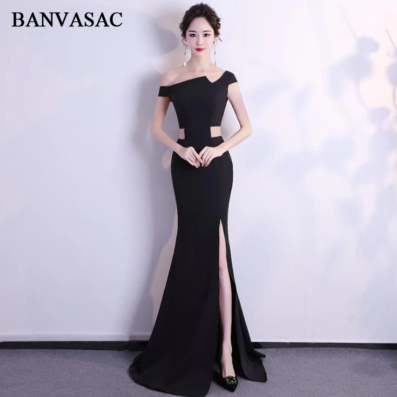 BANVASAC 2018 Асимметричные Длинные вечерние платья с одним плечом русалка элегантные