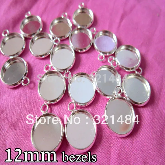 Silver plated 500piece 12mm bezels round hung charm earring dangle pendant tray jewelry blanks cameo base cabochon setting