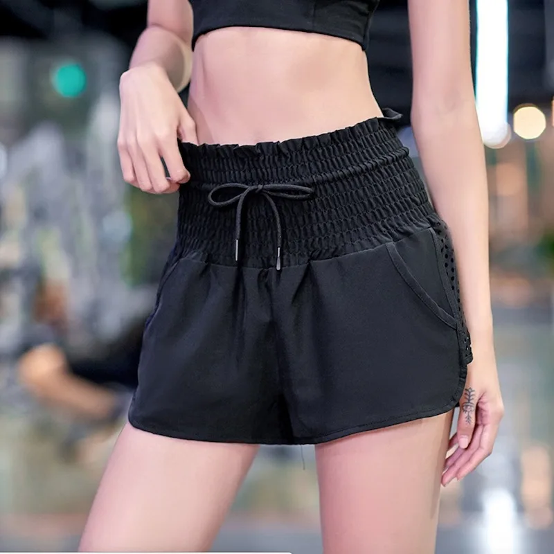 Black EF665 женские шорты для йоги, фитнеса, на завязках, с высокой талией, карманами, для йоги, спортивные шорты для фитнеса, бега, спортивная одежда, одежда для тренировок - Цвет: Black