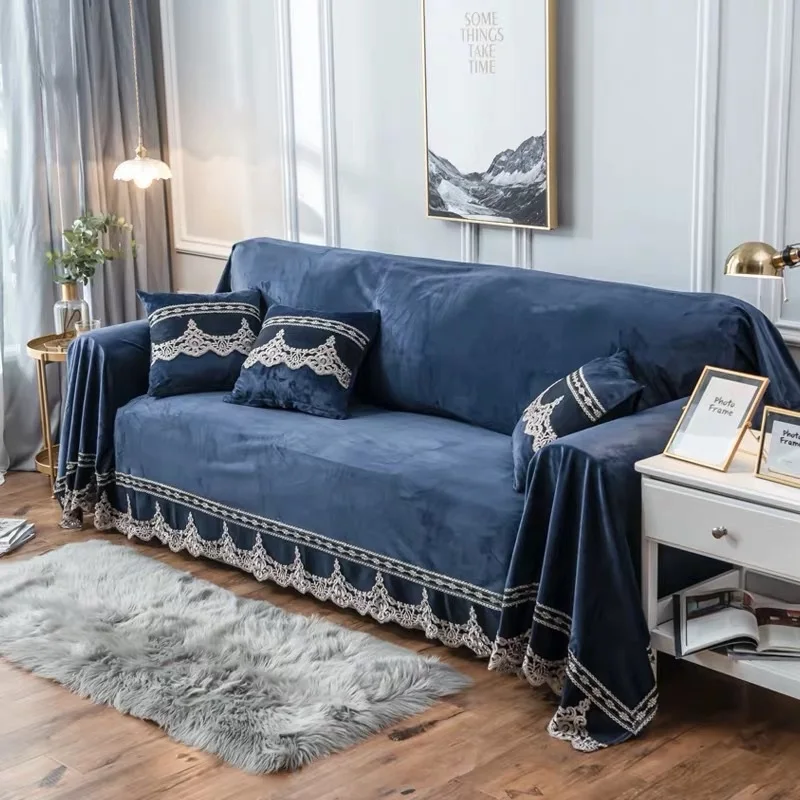 dark blue Роскошный Европейский чехол для дивана, высококачественный диван-полотенце с элегантным кружевным декором, короткий плюшевый тканевый чехол для дивана, чехлы для дивана - Цвет: dark blue
