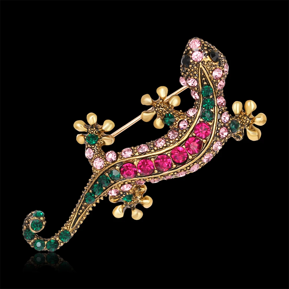 New Jewelry Large gecko Brooch with Crystal Colorful Retro Charms gold color Badges Brooches for Women Wedding | Украшения и