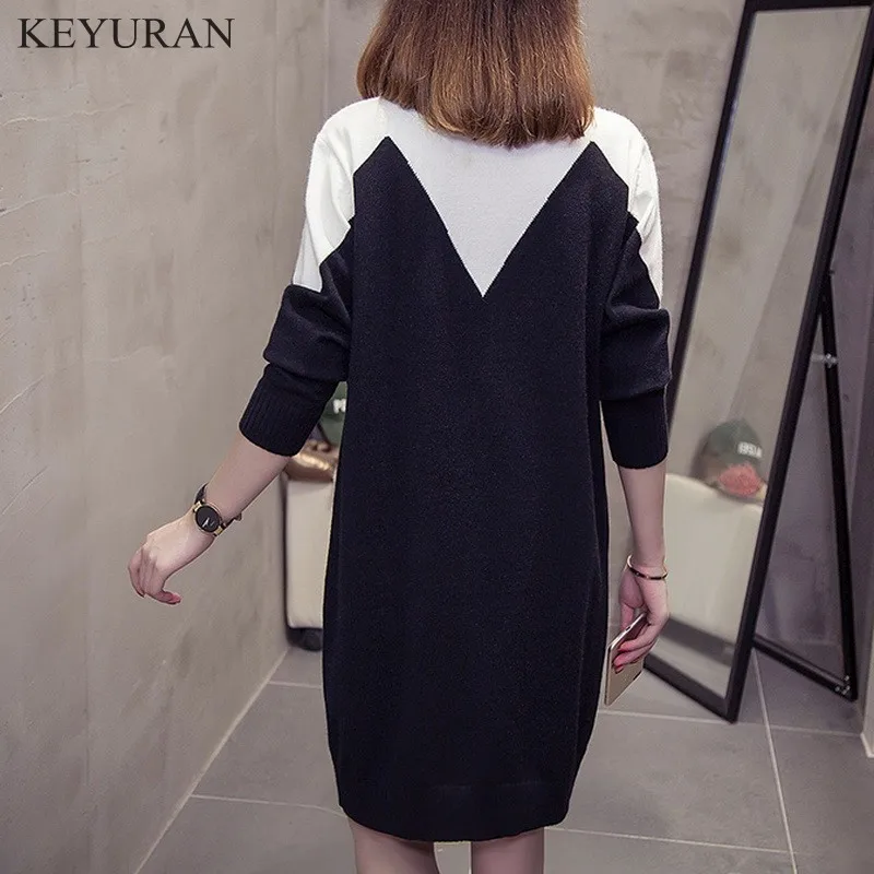 Женское трикотажное платье свитер в стиле пэчворк на осень и зиму 2020 свободное