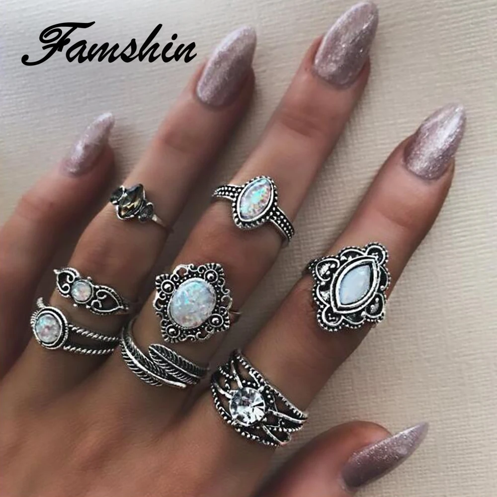 FAMSHIN в богемном стиле винтажные листья камень кольцо на фалангу комплекты