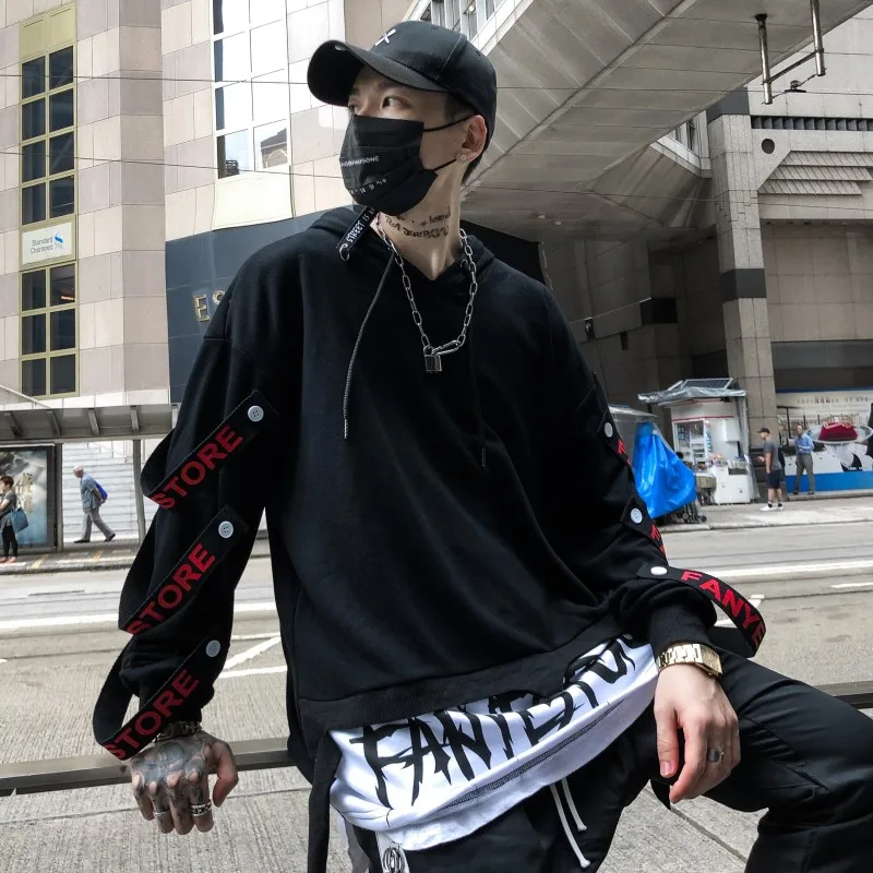 Мужская толстовка с капюшоном в стиле хип-хоп лентами | одежда