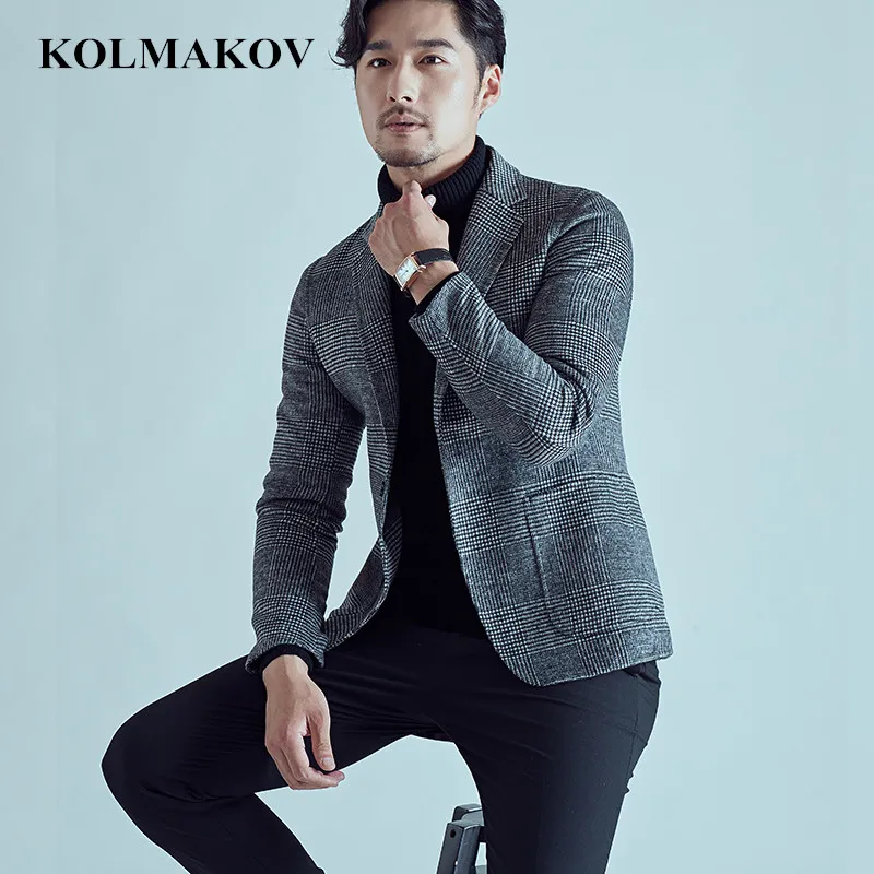 KOLMAKOV мужская одежда новые мужские короткие 80% шерстяные пальто Зимняя верхняя одежда в английском стиле серые клетчатые мужские куртки и пальто M-3XL