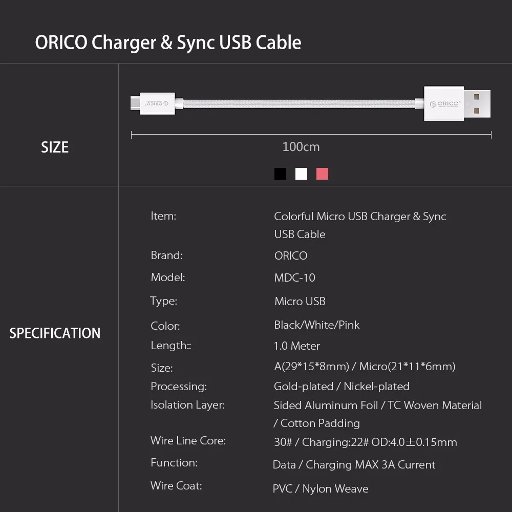ORICO Micro USB кабель 2A кабель для передачи данных и зарядки телефона для samsung htc Nokia SONY Xiaomi huawei 100 см