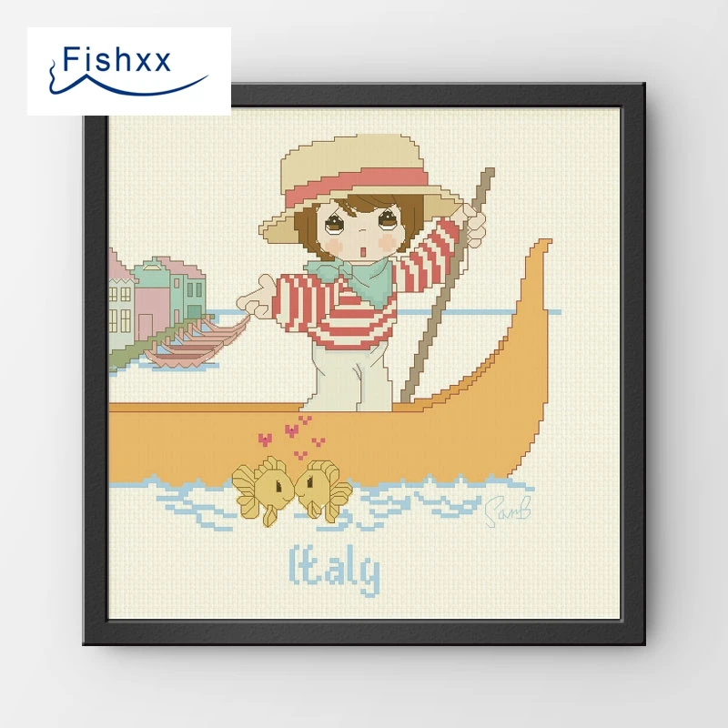 

European Style Idyllic Cartoon Characters Fishxx Cross Stitch Kit H205 Paddle Girl on The Lake Hand Sewing