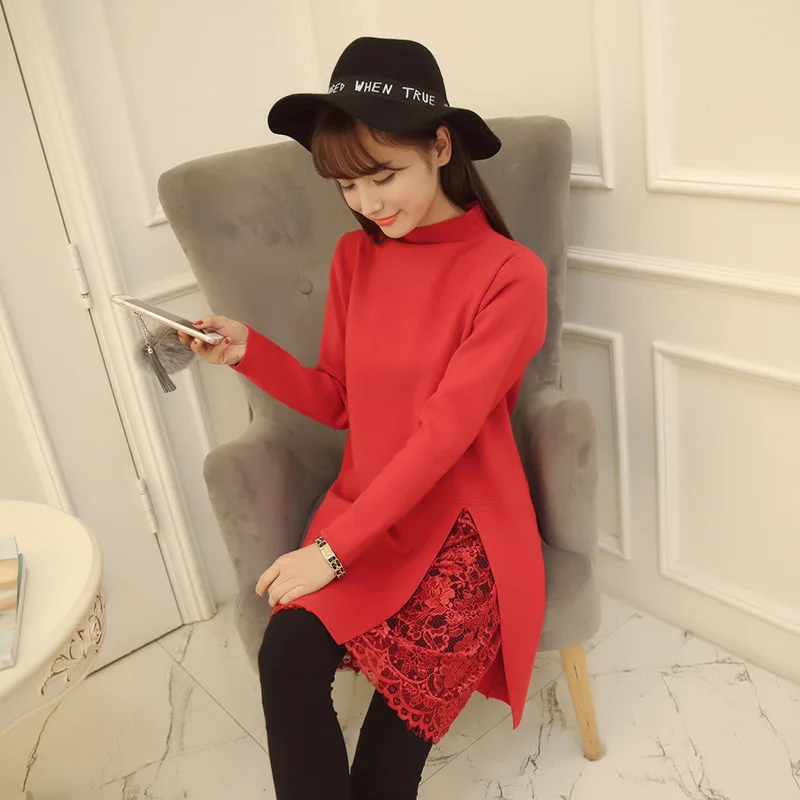 2017 Новинка осени корейской версии свободные кружева шить с длинными рукавами