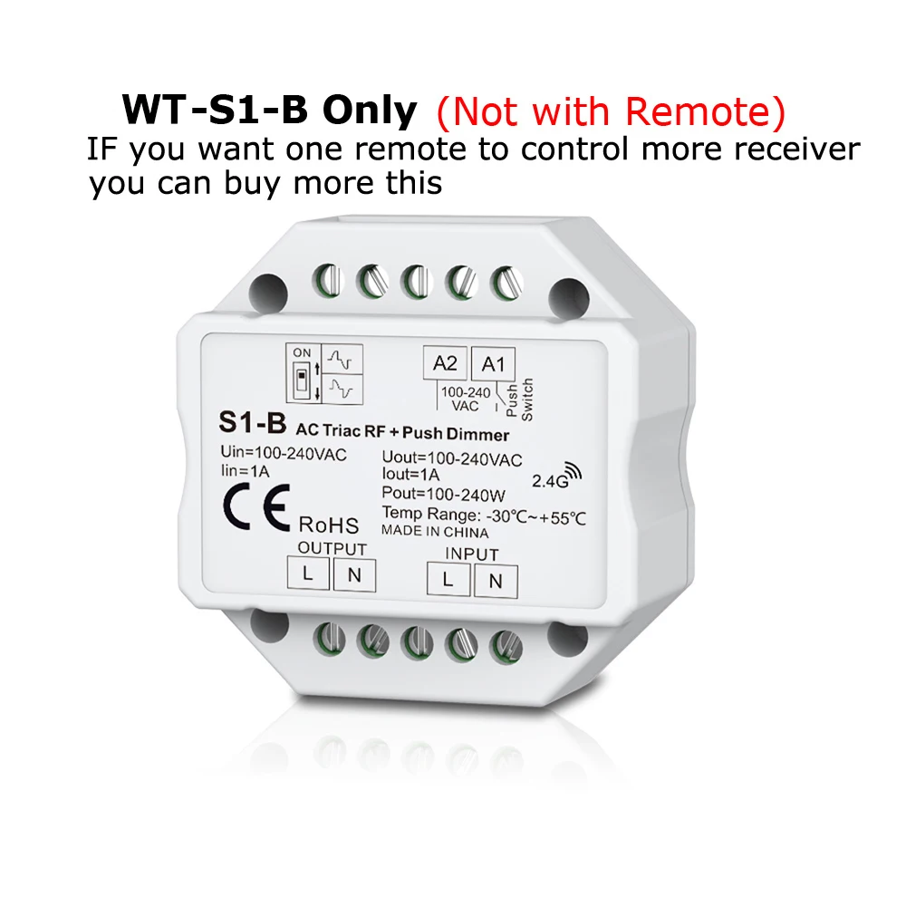 WT-S1-B Only Светодиодный диммер 220 V 230 V 110 V AC Triac RF беспроводной 2,4G дистанционный кнопочный переключатель с регулировкой яркости контроллер для одного цвета светодиодный ламповый светильник - Цвет: WT-S1-B Only