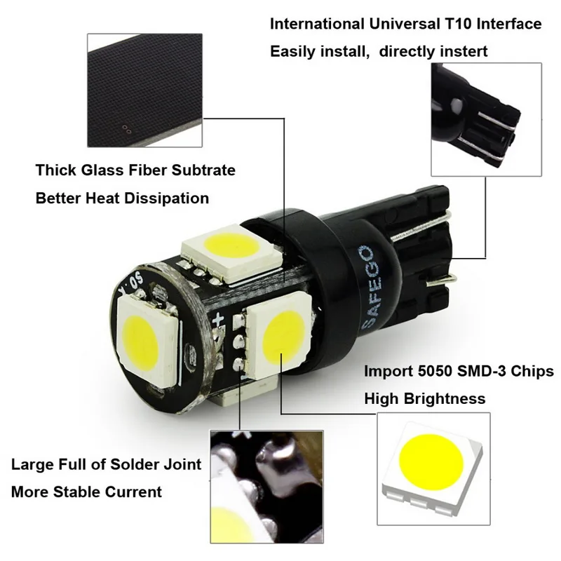 Safego 2 шт. T10 W5W светодиодный Автомобильный свет лампы 5050 194 168 2825 5SMD Клин Огни