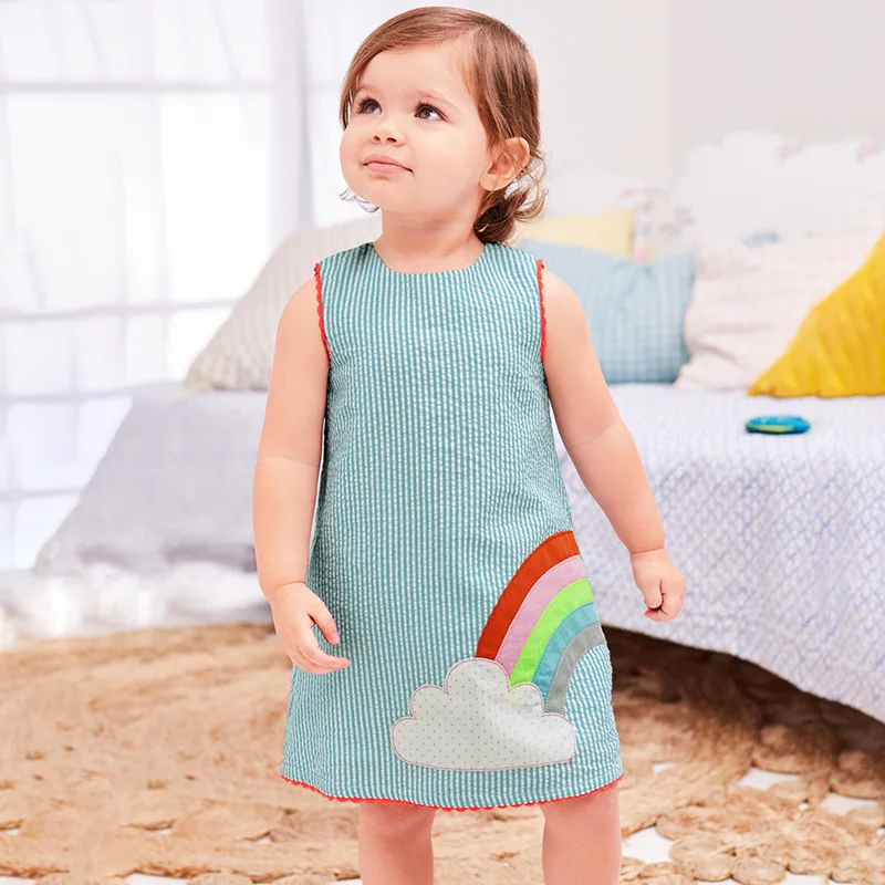 Little maven/летнее Хлопковое платье с радужной вышивкой для маленьких девочек от 2 до 7 лет, нарядное детское кружевное платье в полоску для маленьких девочек