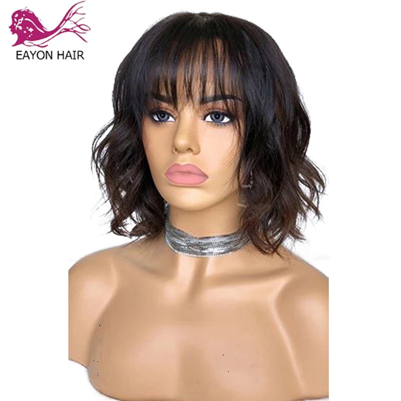 

EAYON 13x6 Deep Bob Cut Brazilian Lace Front Human Hair Wigs With Bangs Pre Plucked Short Water Wave Remy Lace Frontal Wigs