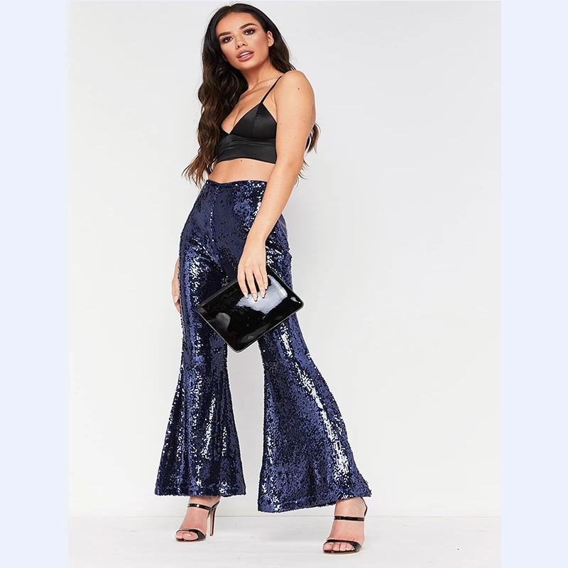 Клубная одежда длинные широкие брюки с блестками женские блестящие Серебристые