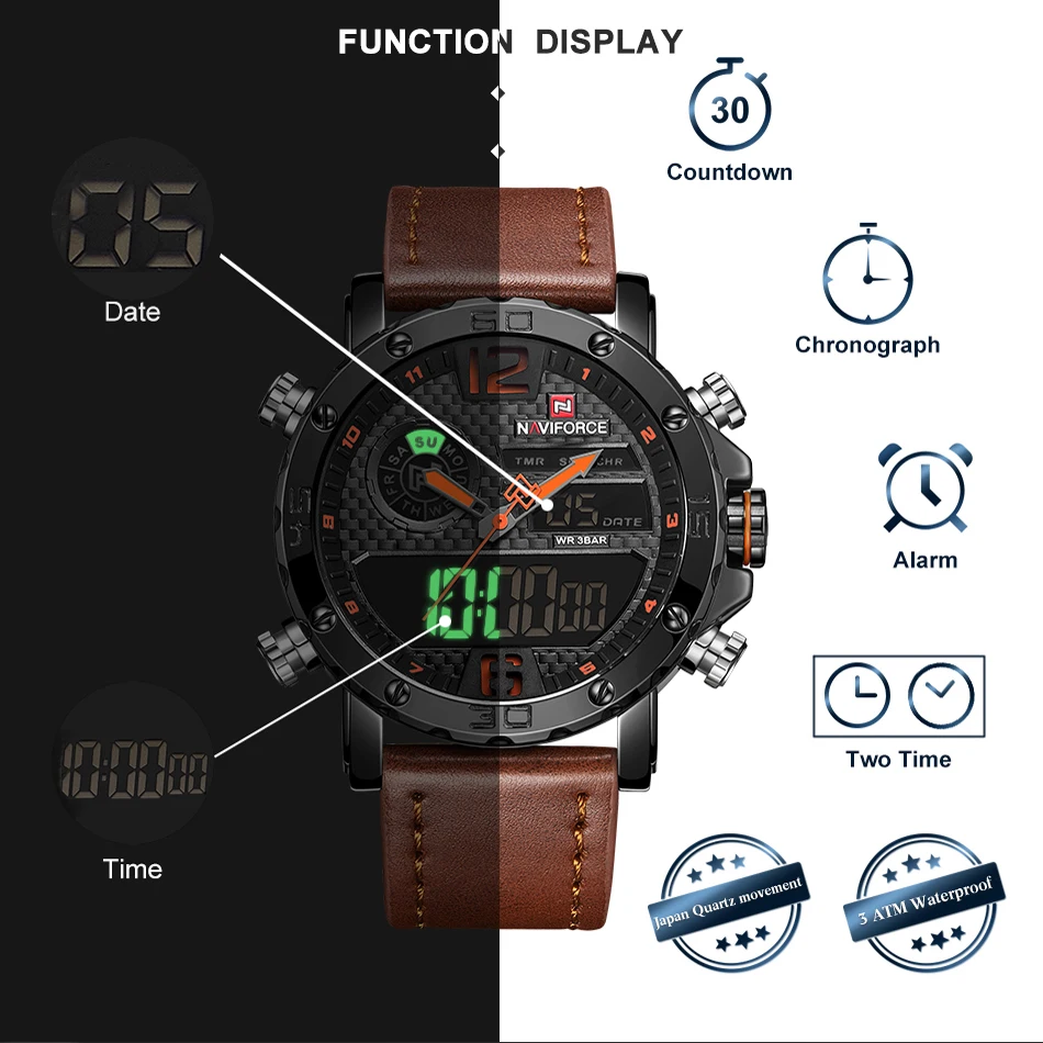 Мужские часы люксовый бренд Мужские кожаные спортивные часы NAVIFORCE Мужские кварцевые светодиодный цифровые часы водонепроницаемые военные наручные часы