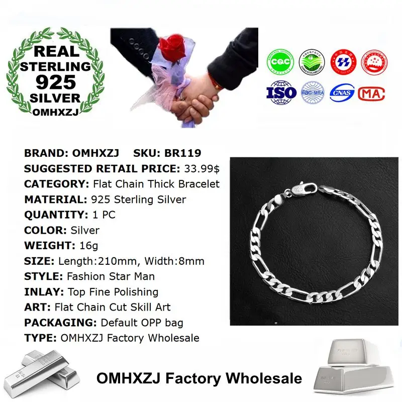 OMHXZJ личности мода OL человек праздничный свадебный подарок серебро плоская цепь толстый 925 серебряный браслет BR119