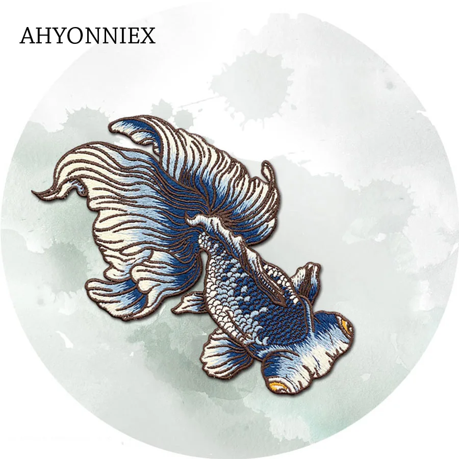 Большие черные вышитые патчи AHYONNIEX с рыбками японские стильные Швейные наклейки