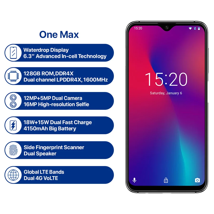 UMIDIGI One Max Android 8 1 мобильный телефон 6 3 дюйма 4 Гб + 128 ГБ разблокировка лица